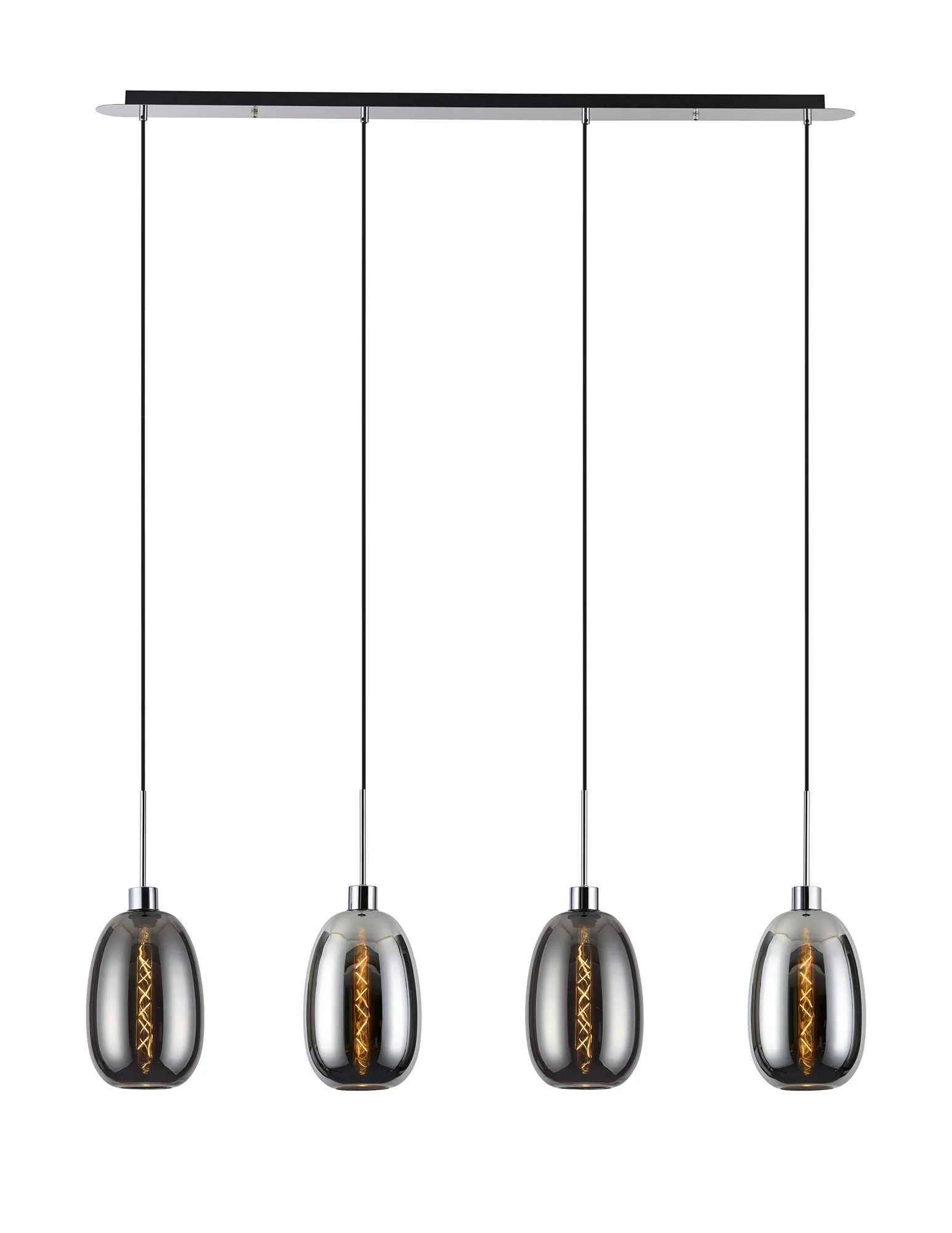 DK1318  Lori Linear Pendant, 4 Light Adjustable E27, Polished Chrome/Chrome/Smoke Slim Curved Trapezium Shades